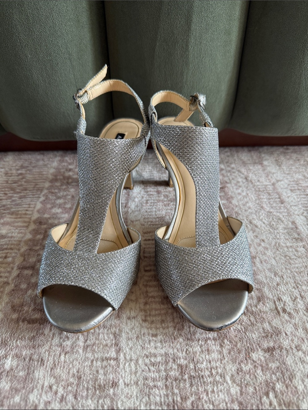 Alex Marie Silver Sparkle T-Strap Heels